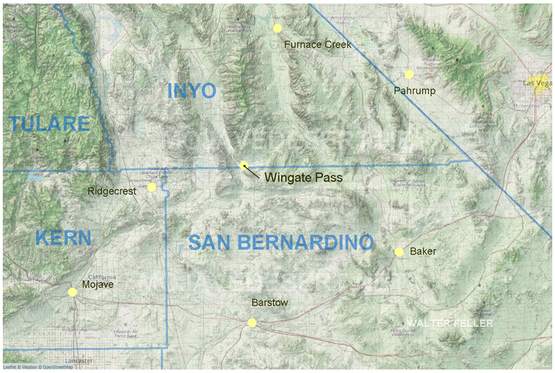 map of Location of Wingate Pass with county boundary lines.