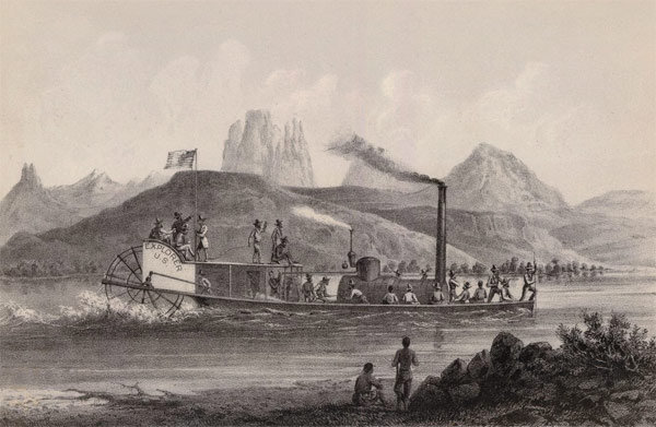 Ives Expedition steamboat and crew heading up the Colorado River, 1857. 